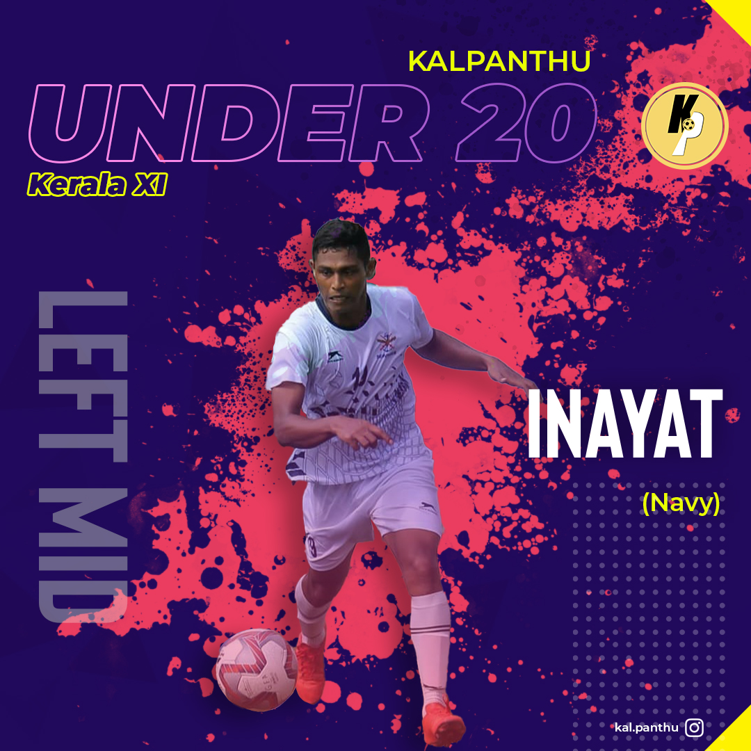 Left Midfield: InayatTeam: Indian NavyInayat's run down the left flank will remind you of a young Gareth Bale playing for Spurs. He is strong, fast and intelligent, and would be the ideal candidate for a wing-back or wide midfield role.