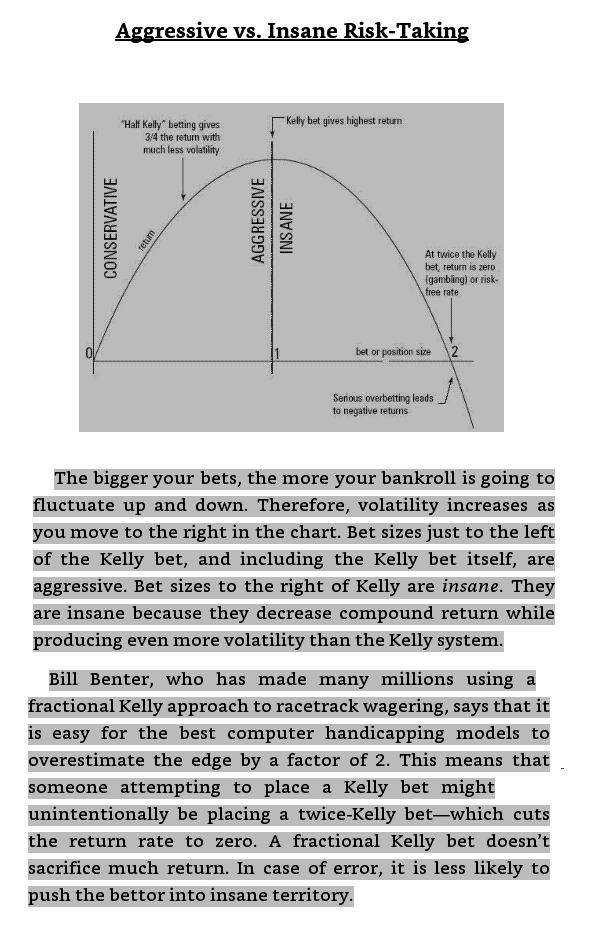 3.) Kelly formula: The rule of 1/n: "the chance of your bankroll ever dipping down to half it's original size is ... 1/2."How to smooth the ride: fractional kelly and diversification.