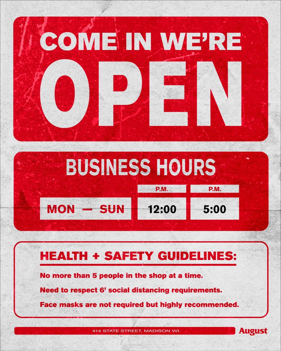 _AugustShop's tweet photo. We are officially back! In accordance with @GovEvers Order 36, August will now be open Monday - Sunday from 12 pm until 5 pm. Masks are highly encouraged! 🧼
#August #AugustShop #AugustMadison https://t.co/ktsGlfhkNI