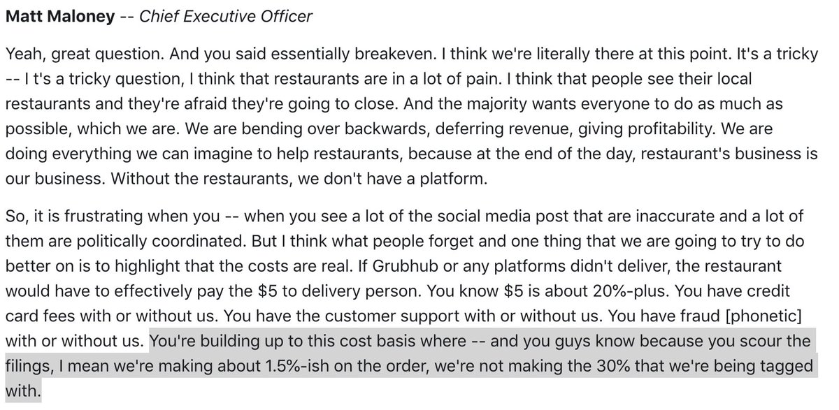 grub and eats have done a very good job training analysts on what "healthy" operations look like. emphasizing repeatedly that scale is ~1.5% contribution profit/order. pushes heavy burden on unprofitable players to get there...or else? 5/x
