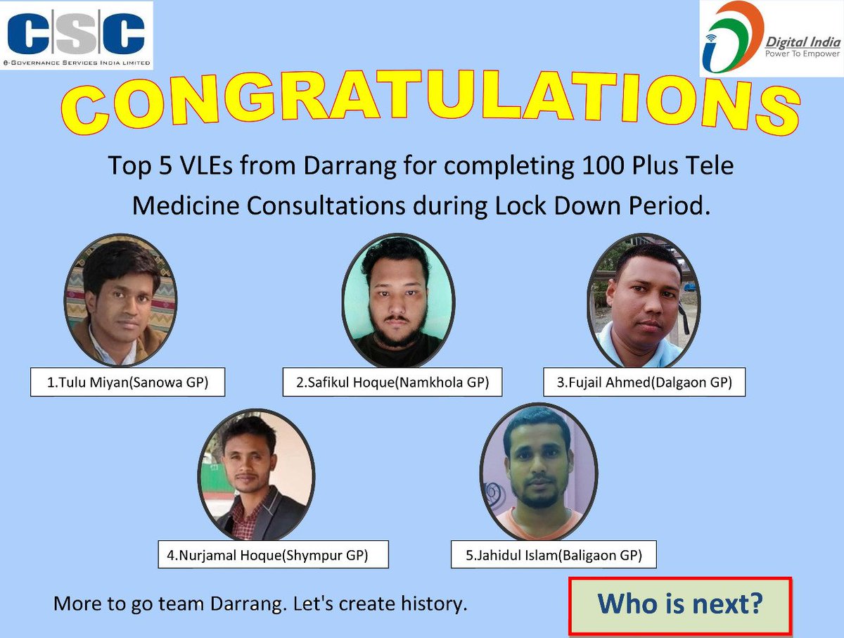 A proud moment for team Csc Darrang when 5 vle, s completed 100 plus telemedicine consultations each during lock down#Our true #CoronaWarriors.

#OnlyCSCcandothis
<a href="/CSCegov_/">CSCeGov</a> <a href="/CSCAssam1/">@CSCAssam</a> <a href="/dintya15/">dinesh tyagi Retd IAS</a>