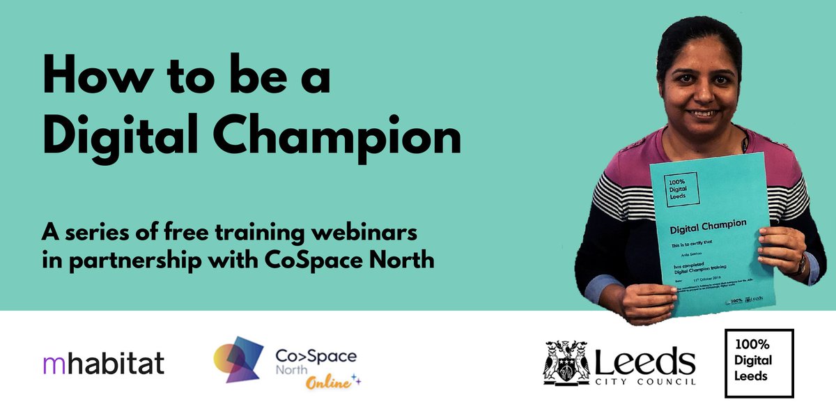 Amy__Hearn's tweet photo. 100% Digital Leeds are excited to be delivering a series of free #DigitalChampions training webinars in partnership with 
@cospacenorthHQ
 starting next week:

#DigitalInclusion for:

🌟Mental health
🌟Learning disabilities
🌟ESOL
🌟Older people

Book @ https://t.co/gRgjO7MwdF https://t.co/OgFMgjWkME