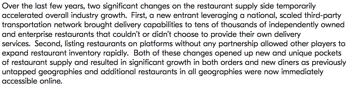 somehow in the midst of many  $Bs of venture subsidies for consumers, grub manages to grow at 30%+ y/y and generate 9 figs of ebitda. best explanation is from their own shareholder letter - basically supply side tailwinds so strong we could do no wrong. 6/x  https://s2.q4cdn.com/772508021/files/doc_financials/2019/q3/October-2019-Shareholder-Letter.pdf