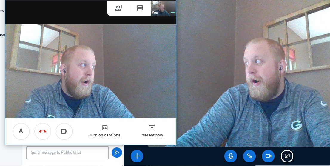 MrScottStrand's tweet photo. When you realize the @google_meet and @bigbluebutton have mirrored cameras while you wait for students to join video chats. #TalkingToMyself #TeachingDuringCovid #NewNormal #DigitalLearning https://t.co/xNzcHxjGgX