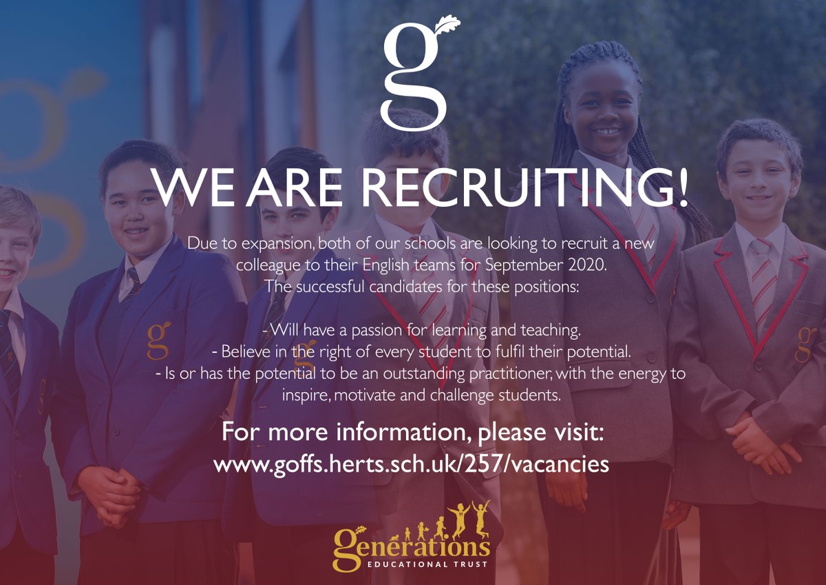 Due to expansion, both of our schools are looking to recruit a new colleague to their English teams for September 2020 <a href="/GoffsAcademy/">Goffs Academy</a> and <a href="/GoffsChurchgate/">Goffs-Churchgate Academy</a> 

For more information, please visit:
goffs.herts.sch.uk/257/vacancies

#vacancies #fulltime #education  #educationjobs #englishteacher