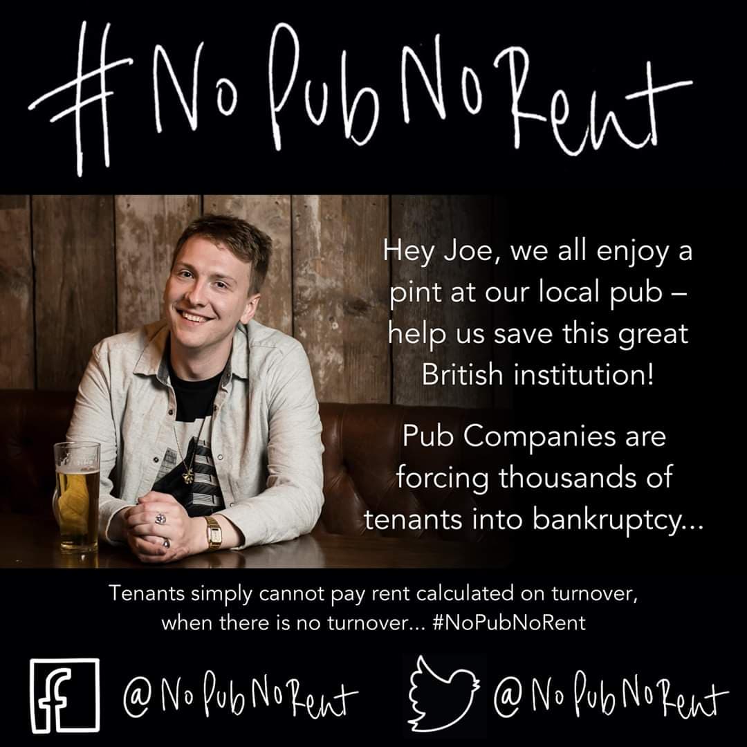 NoPubNoRent's tweet photo. Hey @joelycett, please may we ask for your help?! Supporting our #NoPubNoRent campaign will help the thousands of tenants being bankrupted by their #pubcos. https://t.co/f26YjwekWf