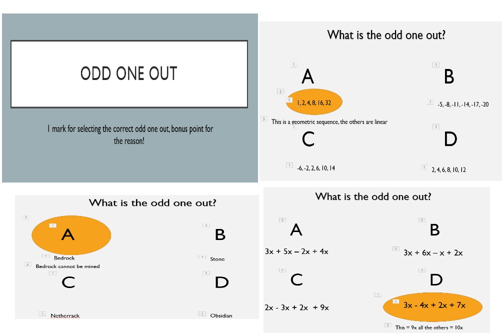 NicolaMurrayUK's tweet image. Have created and put on TES a lockdown odd one out quiz aimed at KS3, maths and minecraft combined, going to use it in school. Road tested by the sprogs at home. #mathsresource #edutwitter #freeresource