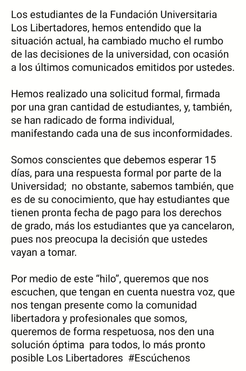anamariam_17's tweet photo. Como estudiantes exigimos a la @UniLibertadores una pronta respuesta a nuestra solicitud. 

#FullGradosJustos #FullContesten  #UniLibertadores https://t.co/0CzOH0frTR