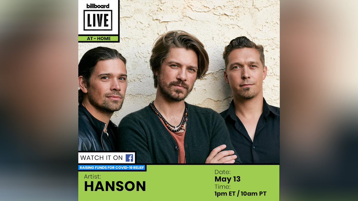 hansonmusic's tweet photo. We're teaming up with @billboard to raise money for @MusiCares with a Billboard Live-At-Home performance! Watch today at 1pm ET on Billboard’s Facebook Page https://t.co/15zmT2pjEO https://t.co/74oQp8TODA