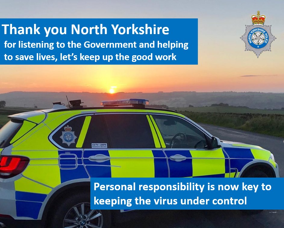 NYorksPolice's tweet photo. Thank you to everyone across York &amp; North Yorkshire who has stayed at home over the past 8 weeks, here's our latest update about the new regulations to help control the spread of Coronavirus. Personal responsibility is now key to protecting our health. https://t.co/A6m6NfyOor https://t.co/ylTT4UBPId