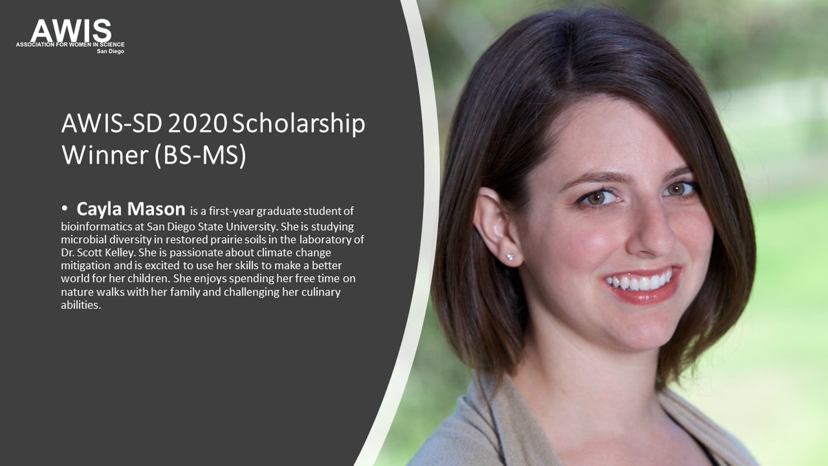 AWISsd's tweet photo. We are honored to introduce our AWIS San Diego 20th Anniversary Scholarship Winner Cayla Mason. Cayla is a first-year graduate student of bioinformatics at San Diego State University and we are proud to recognize her accomplishments. #WomenInSTEM #Scholarship #AWISSD https://t.co/tlcE6FpeAy