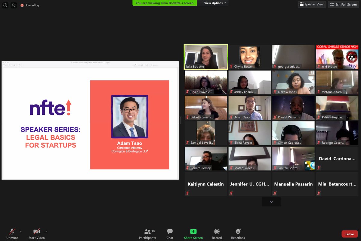 nfte_stl's tweet photo. NFTE #VirtualSpeakerSeries going on now! Use the link to join! Tune in to hear corporate attorney, Adam Tsao speak on legal basics for startups. 

https://t.co/X52GxGthhG https://t.co/rxkRt3tZWV