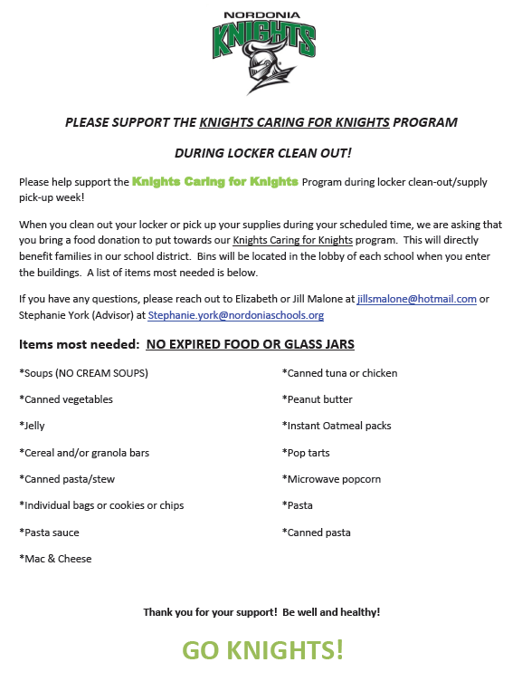 Nordonia families, please consider donating to the Knights Caring for Knights food drive when you come for locker clean out and supply pick up later this month.