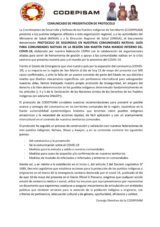 CODEPISAM1's tweet photo. CODEPISAM presenta el PROTOCOLO DE SEGURIDAD EN NUESTRAS COMUNIDADES NATIVAS: GUÍA PARA COMUNIDADES NATIVAS DE LA REGIÓN SAN MARTÍN PARA MANEJO INTERNO DEL COVID-19.
https://t.co/RkINS3j8s9 https://t.co/HOksSQNutp
