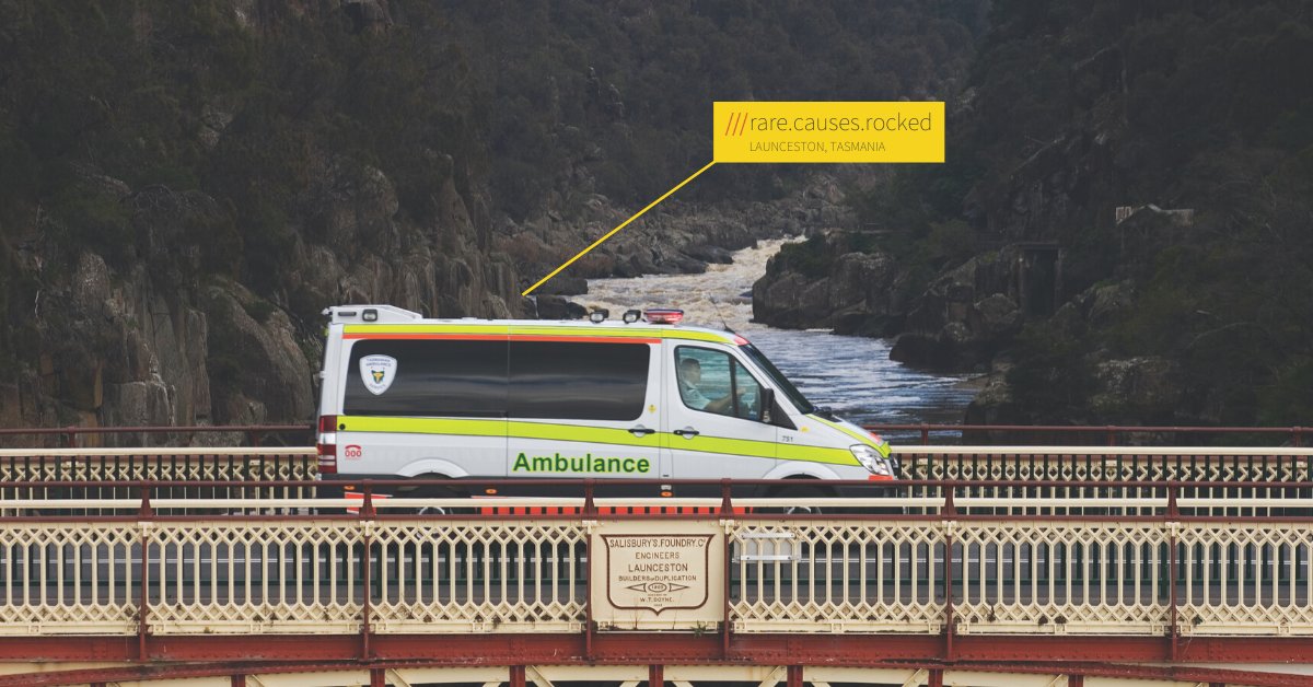 Ambulance van crossing a bridge. call out reads ///rare.causes.rocks