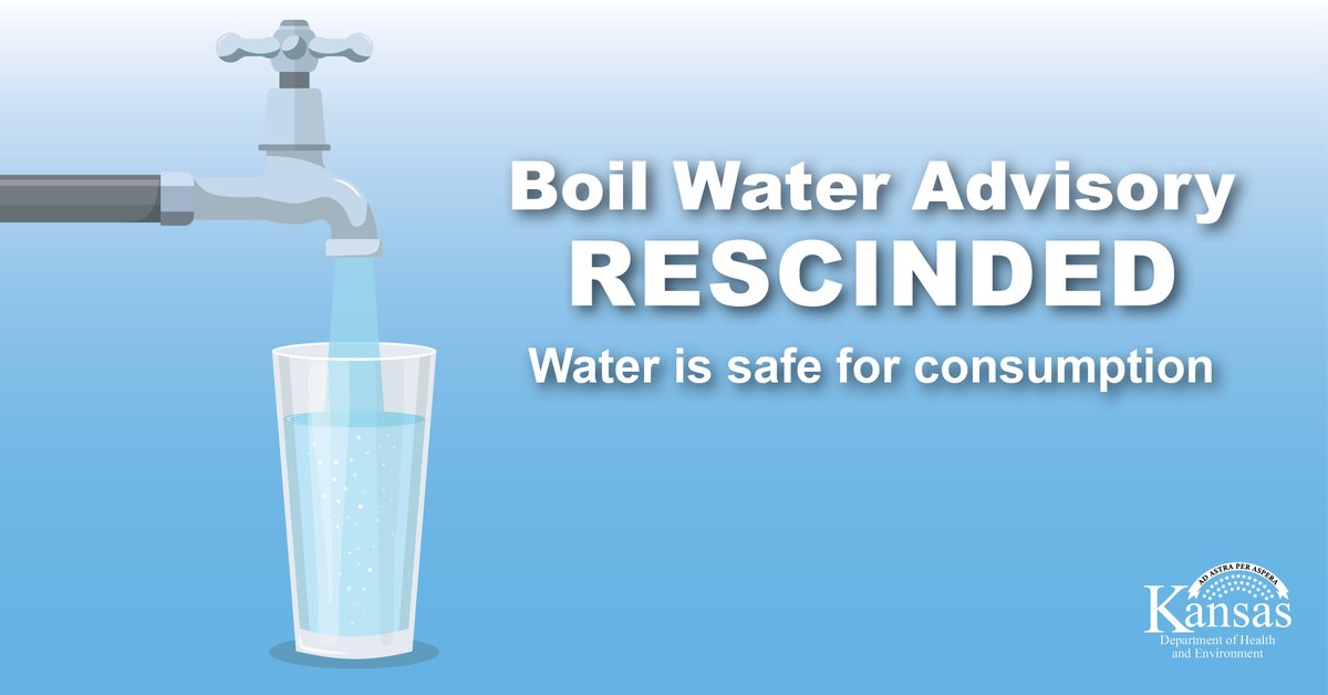 Faucet filing a cup of water. Boil water advisory rescinded. Water is safe for consumption.