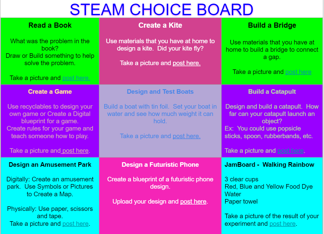 _CrystalMello's tweet photo. Impressive student creations from our Science STEAM Choice Board. Most popular choices were Creating & Testing Boats and Walking Rainbow. Looking forward to next week's student creations! #STEAMWay #StudentChoice #GreatHappensHere19_20 @ersteach240 @ms_woodland @emeadowschools https://t.co/U9uWnwN11r