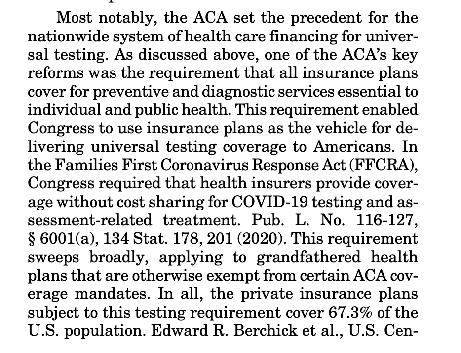 A brief from several public health experts and individuals notes that Congress relied on existing ACA infrastructure to expand COVID testing in its more recent response measure  https://www.supremecourt.gov/DocketPDF/19/19-840/143385/20200513102459194_19-840.19-1019.amicus.pdf