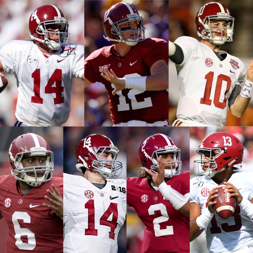 BrooksACarter's tweet photo. All the starting QBs from the Saban era at #Alabama. Which one are you rolling with? https://t.co/kppc4BgpmZ