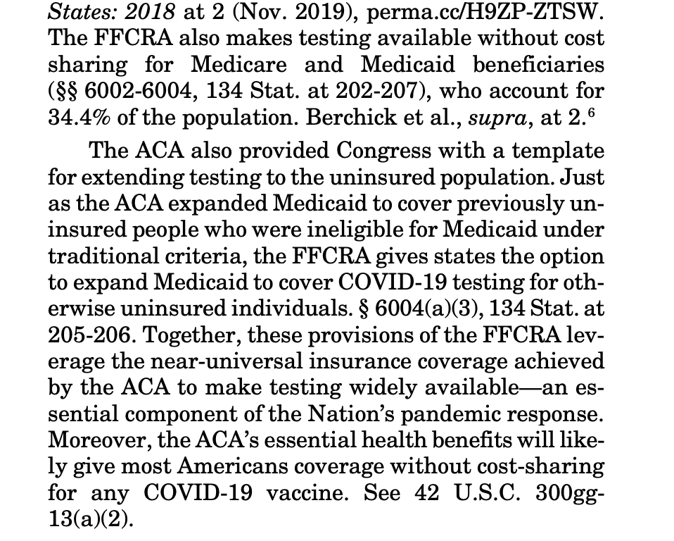 A brief from several public health experts and individuals notes that Congress relied on existing ACA infrastructure to expand COVID testing in its more recent response measure  https://www.supremecourt.gov/DocketPDF/19/19-840/143385/20200513102459194_19-840.19-1019.amicus.pdf