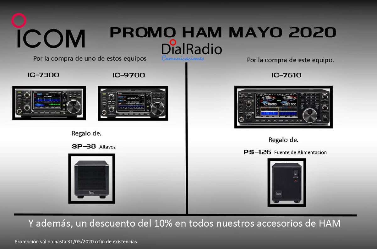 Oferta ICOM Mayo 2020!!!
11 #oferta #MAYO #ICOM9700 #ICOM7610 #ICOM7300 #VHF #UHF #AM #FM #FM #SSB #CW #RTTY #DStar #ICOM #DialRadioComunicaciones #DialRadio #Gijon #radioaficion #radioaficionado  #hamradio #AmateurRadio #radioamateur #sigueme #followme