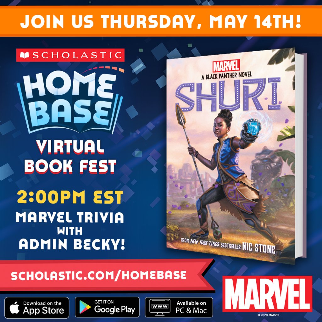 Any @Marvel fans out there ready to test their knowledge?! Join us for our #HomeBaseBookFest Marvel Trivia to celebrate the release of #Shuri: A Black Panther Novel by @getnicced! 😍 This epic event is at 2PM EST on 5/14. Learn more at scholastic.com/bookfest!