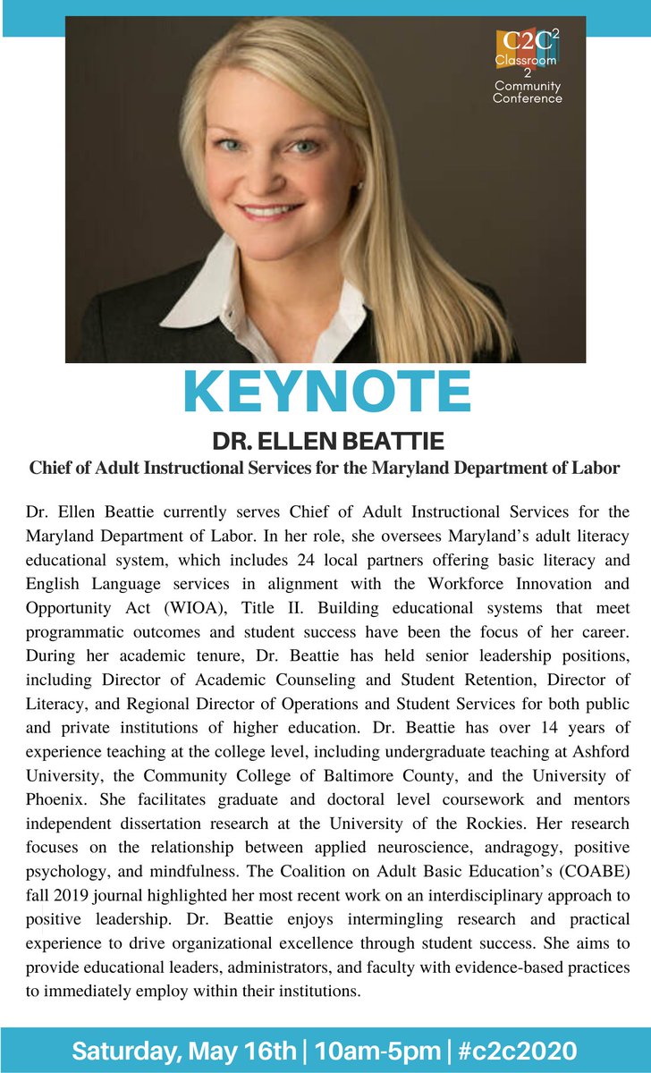 LCMCMD's tweet photo. Have you registered for C2C; LCMC's Classroom to Community Conference? If you haven't, how will you get to hear from our keynote speaker: Dr Ellen Beattie; Chief of Adult Instructional Services for @MD_Labor? Slots are still open! Register here: https://t.co/DivFAlSwbv #C2C2020 https://t.co/6wY07DbAjJ