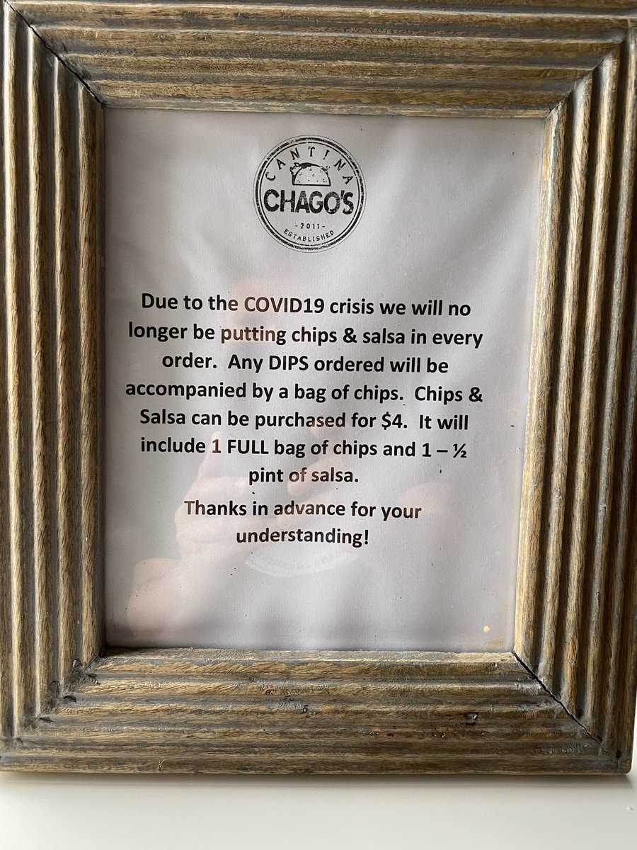 Due to the COVID19 crisis, we will no longer be putting chips &amp; salsa in every order. Any DIPS ordered will be accompanied by a bag of chips. Chips and salsa can be purchased for $4. It will include 1 full bag of chips and pint of salsa. Thanks for your understanding!