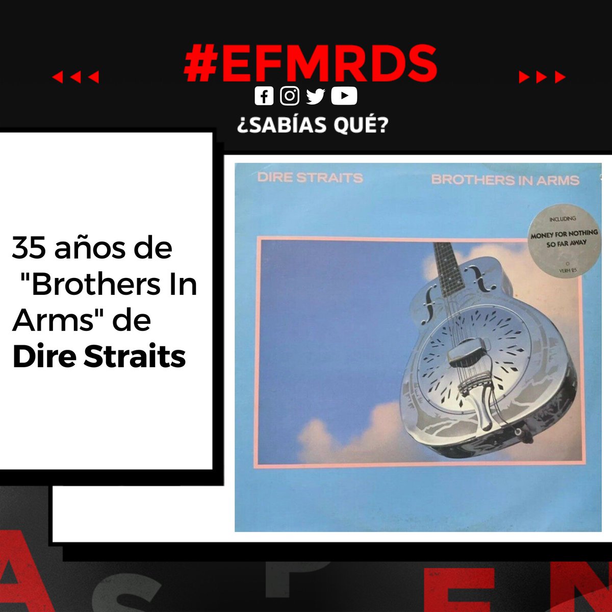 #EFMRDS
Se vendió todo.
Sus videos fueron de los más difundidos.
Dire Straits en su punto más alto, para un álbum concebido para el sonido digital que empezaba a reinar en aquellos '80. Felices 35 años para "Brothers In Arms" 🎂