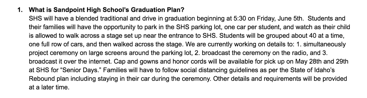SHScedarpost's tweet photo. Sandpoint High just announced plans for a blended graduation ceremony on Friday, June 5, at 5:30 p.m. Details still being worked out, but the ceremony will take place near the entrance of SHS and the school's parking lot. https://t.co/iC28eumTRT