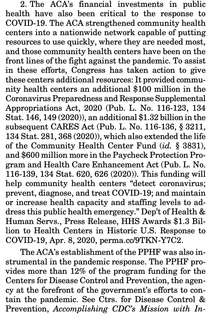 From the same brief: "Without the ACA, the country would be grievouslyill equipped to address a future pandemic. Congress’slegislative toolbox would be emptier." Points to ACA's public health funding and CMMI provisions as well
