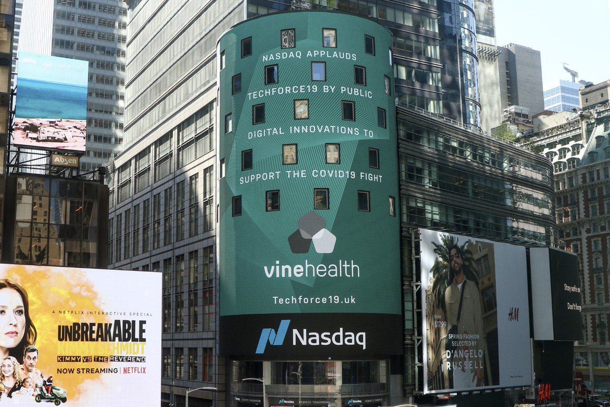 Vinehealth_'s tweet photo. Look who is featured in Times Square this afternoon!! @Vinehealth_      Just a little exciting! @Nasdaq #techforce19 @NHSX @PUBLIC_Team @AHSNNetwor #cancer #cancercare #COVID19 https://t.co/aIKTbdMX5e