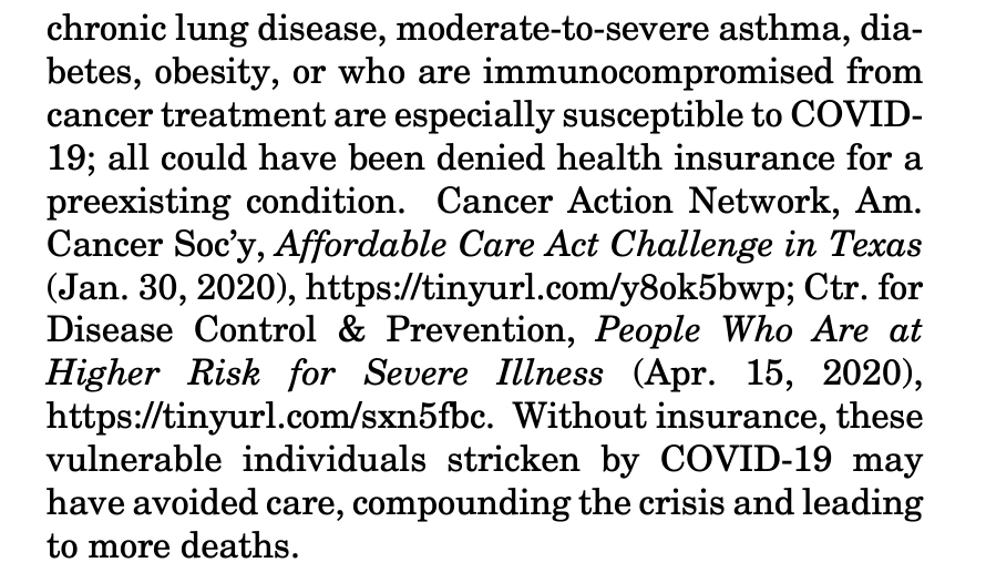 A brief from a children's advocacy group argues that the ACA guaranteed coverage of the same pre-existing conditions that make people most vulnerable to COVID-19. w/o that coverage, death rates may be higher and the crisis "compounded."  https://www.supremecourt.gov/DocketPDF/19/19-840/143389/20200513103914212_ACA%20Amicus%20Brief%20TO%20FILE.pdf