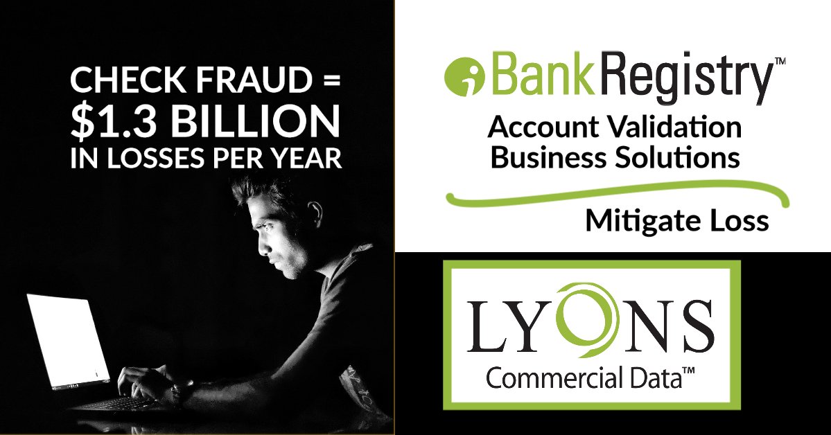 lyonsdata's tweet photo. $1.3 Billion in Check Fraud per year. Learn about iBank Registry™  to help mitigate business loss and stay #compliant: 
https://t.co/t9h4qGMUq6
#compliance #financialinstitutions #fraud #BusinessStrategy https://t.co/IjnK6MhglL