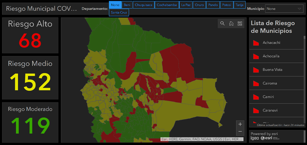 igeobolivia's tweet photo. ¿Cuáles son las zonas con más riesgo de contagio por #COVID19 en #Bolivia?
Realizamos un Mapa de Riesgo Municipal del país con datos oficiales del Ministerio de Salud.

Versión Escritorio: https://t.co/O9aAlRR9On
Versión Móvil: https://t.co/HH3iA9ZTBH

#Esri #EsriBolivia #ArcGIS https://t.co/3BneuKtydr