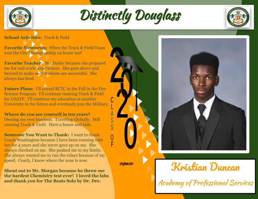 We are celebrating another Douglass senior, the WONDERFUL, Kristian Duncan! 🧡💚

Distinctly Douglass SENIOR Spotlight will be featured in the Guidance Newsletter and other FDHS social media. Seniors, click on the following link to submit your information!
bit.ly/DistinctlyDoug…
