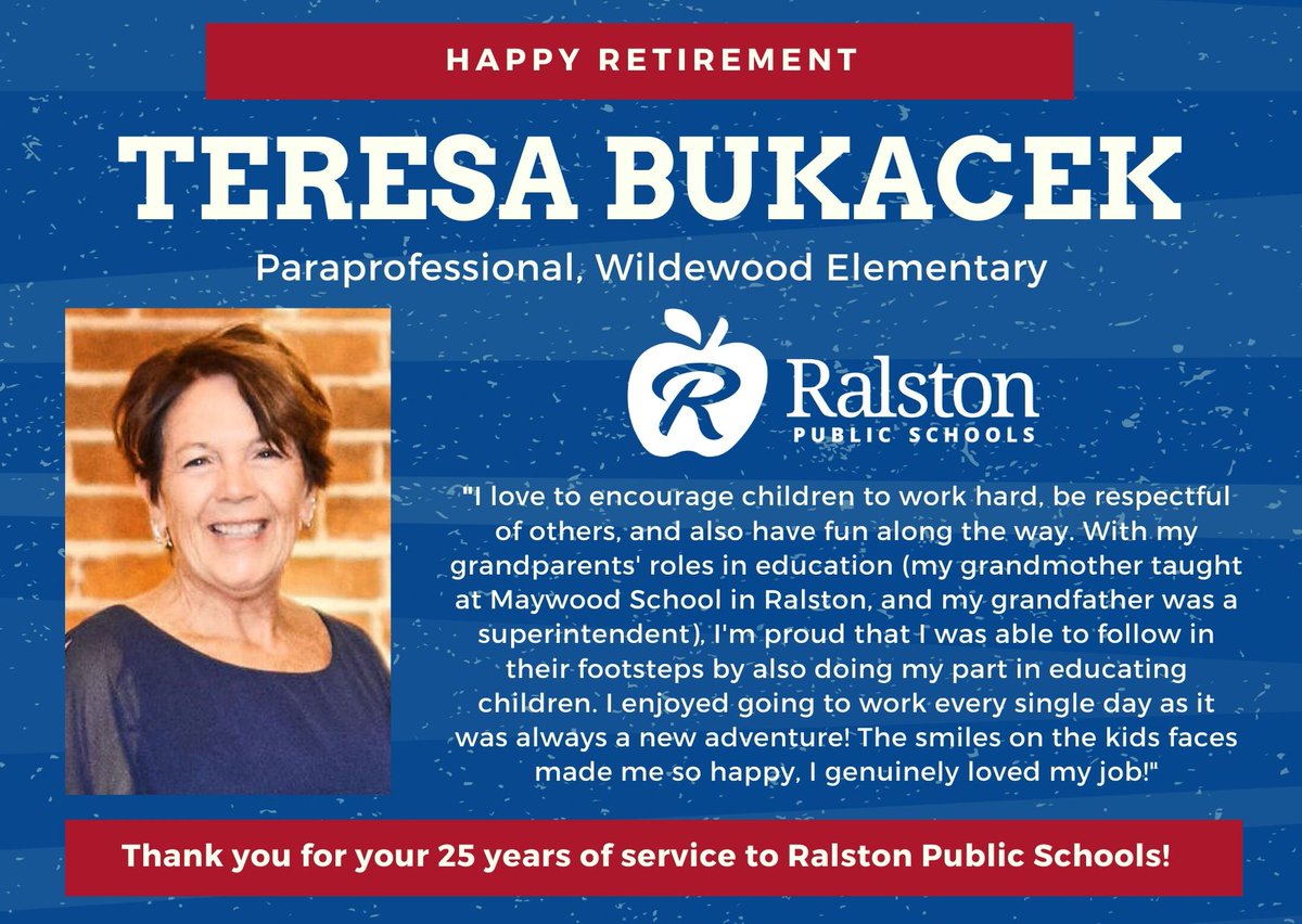 Congratulations to Teresa Bukacek, <a href="/RPSwildewood/">Wildewood</a>  paraprofessional, on her retirement! Thank you for your 25 years of dedication to our students!