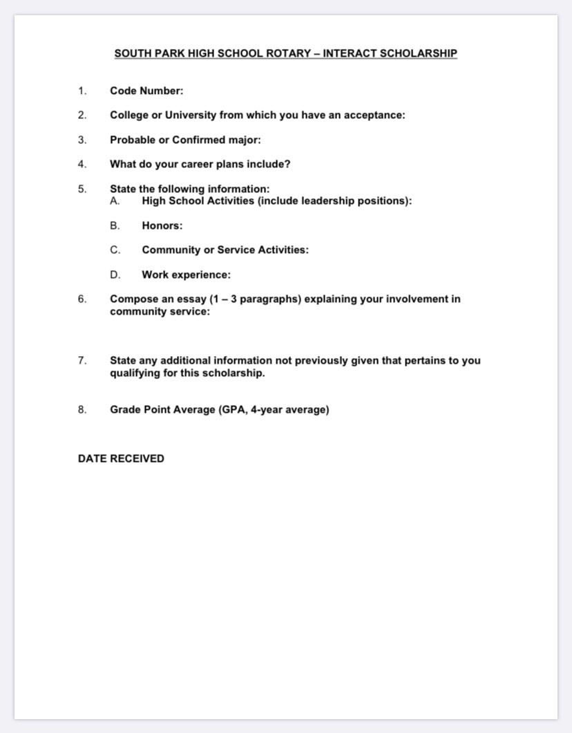 Spark_Interact's tweet photo. The Pleasant Hills Rotary Club contacted us a couple days ago and plans to offer Rotary-Interact Scholarships again for 4 students.  The application and information is attached to this posting.  Any senior Interact member is eligible.

The deadline is Friday, May 22nd at 4:00 PM. https://t.co/NHWOnFbduV