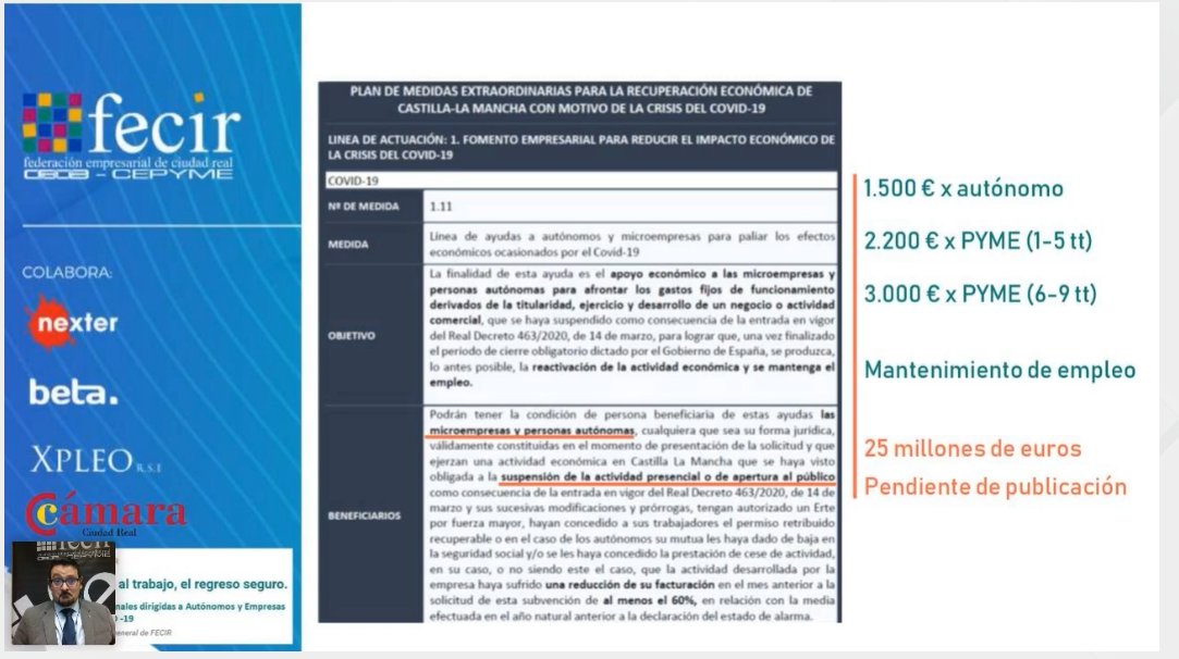 betacom's tweet photo. El secretario de la @fecirciudadreal , David Plaza ha expuesto todas las subvenciones regionales dirigidas a #autónomos y #empresas afectadas por #COVID-19 a un total de 162 usuarios conectados en el webinar sobre la vuelta segura al trabajo👍 https://t.co/9X8URqOHxS