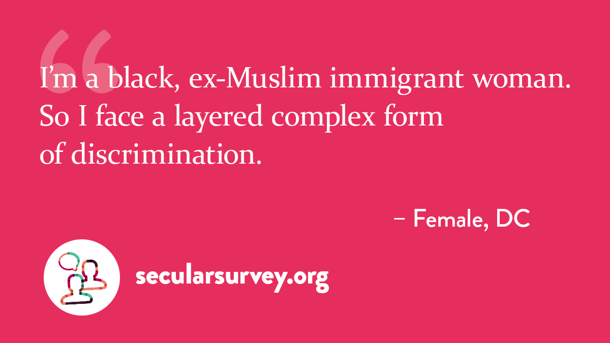 seculardotorg's tweet photo. Black, Latinx, LGBTQ, ex-Muslim, and other minority U.S. #SecularSurvey participants were found to particularly face stigma. Find more out about their struggles and read their stories in the #RealityCheckReport. https://t.co/hbt8f5L1Uk https://t.co/nwZ6cDgSV8