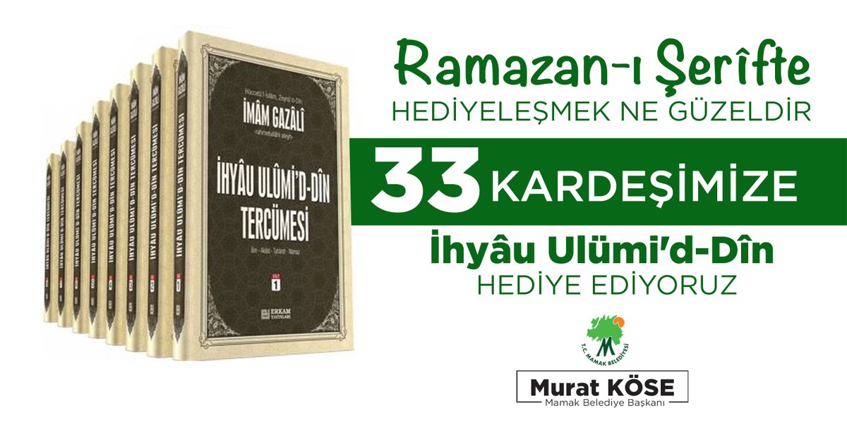 Ramazan-ı Şerîfte hediyeleşmek ne güzeldir diyerek

5️⃣0️⃣0️⃣0️⃣'den fazla kitabı 
📚 Kitap kurtlarımıza hediye ettik.

Büyük İslam alimi İmam-ı Gazali'nin 
8 Ciltlik eseri İhyâ-U Ulümi'd-Dîn'i
33 kişiye hediye ediyoruz. 

Çekilişe katılmak için
Takip et, 
Beğen, Retweet ve Yorum yap