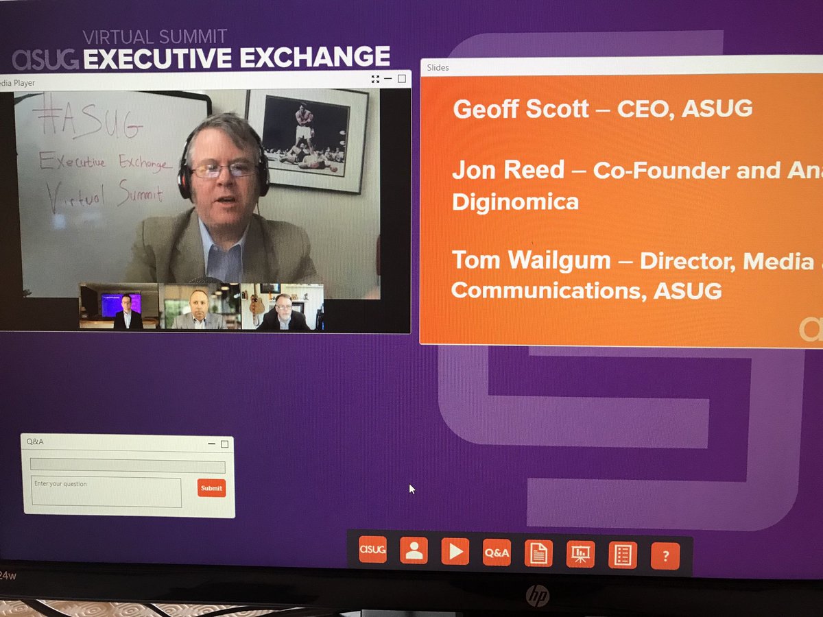 pacooper2020's tweet photo. β¦@ASUG365 #ASUGEE Exec Exchangeβ© @jonerpβ© with Geoff Scott and Tom Wailgum debating β¦@ChrstnKleinβ© opening interview - what will he will bring to the CEO role and what β¦@SAPβ© are doing to help in the era of COVID-19 https://t.co/0TDLdgl9tB