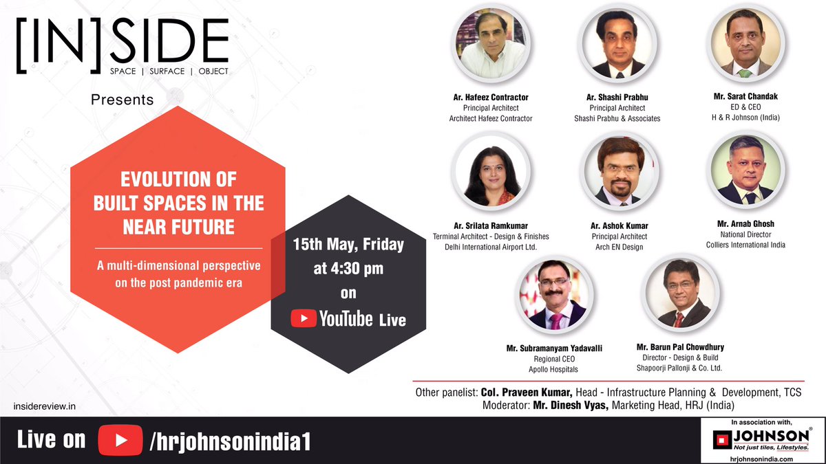 HRJohnsonIndia's tweet photo. Listen to the Industry stalwarts from the project design and planning segments of different domains, as they share their valuable insights on the future of space design in the post-COVID-19 Era.
Join the LIVE WEBINAR on   https://t.co/Vf0CLoETjh | Friday, 15th May | 4.30 PM https://t.co/VR66V8vAdb