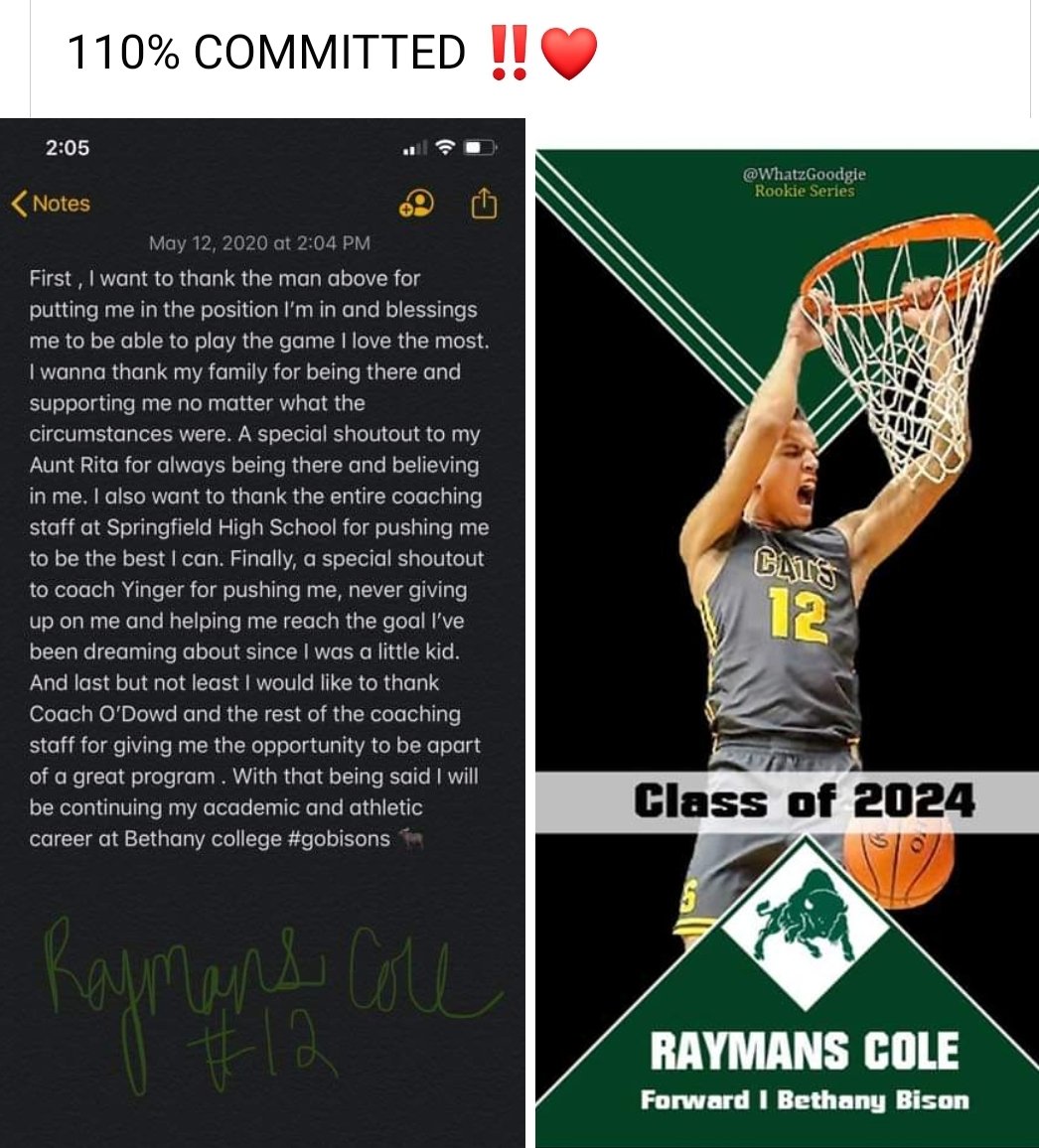 Congrats to our own Raymans Cole <a href="/cole_raymans/">Raymans money cole</a> on his commitment to Bethany College in West Virginia. WE are very excited &amp; happy for you! Wishing you well today &amp; in all your future pursuits. Well done my man! Keep grinding. #CatPride #BethanyCollege Student Athlete 🎓🏀.