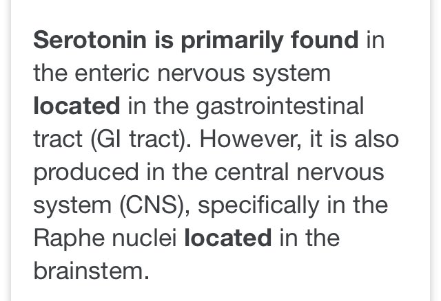 Unlike Dopamine where majority is primarily produced & found in the brain, same for Neural Serotonin, a neurotransmitter produced in the brain with many roles, the vast majority of it (90%), (*Peripheral Serotonin) is found, produced & stored in the Gut & has plethora of roles