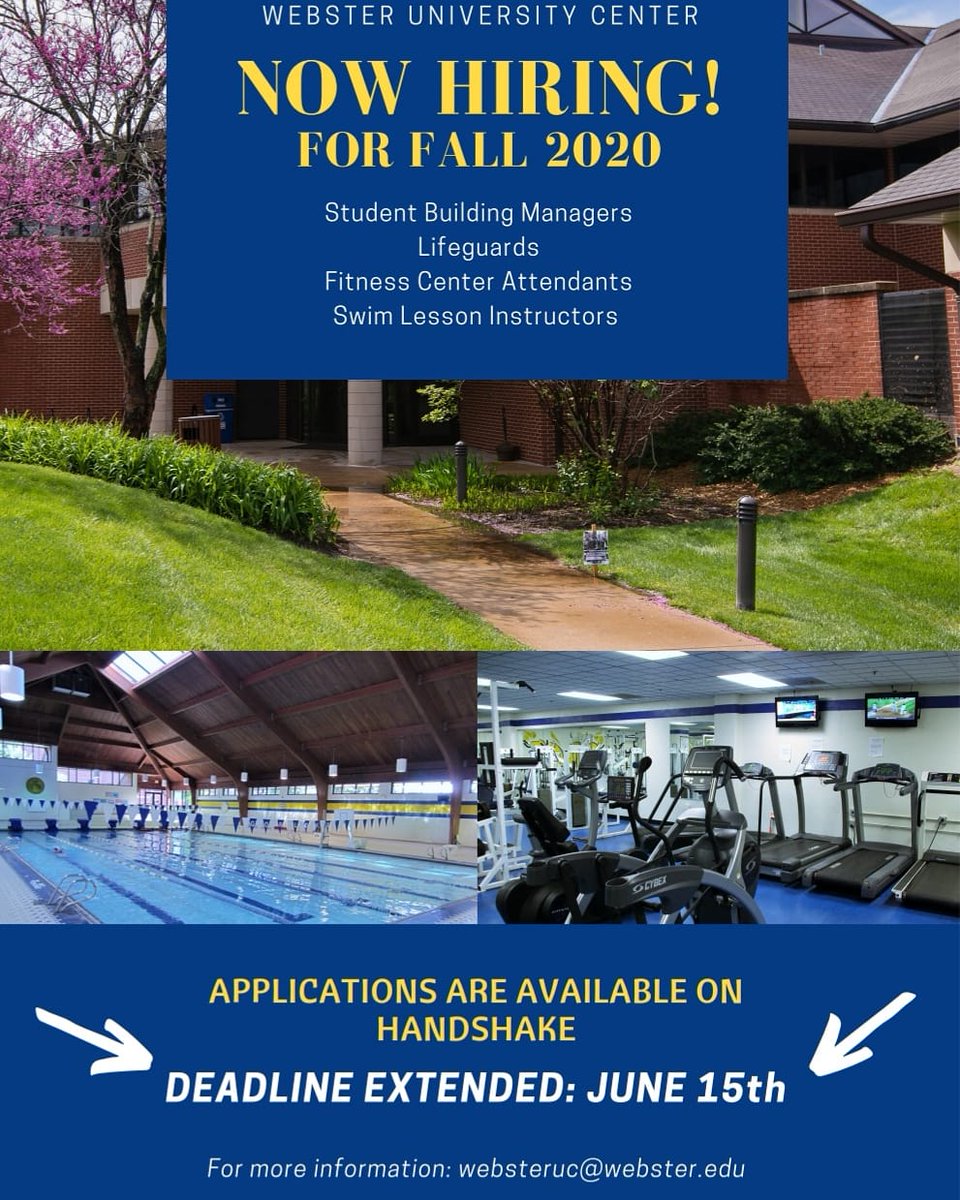 WebsterUC's tweet photo. Happy Wednesday everyone, the application deadline for student positions in the University Center has been extended to June 15th. Make sure to get your application in, we would love to have you join our team! https://t.co/iFlQw8ThV7