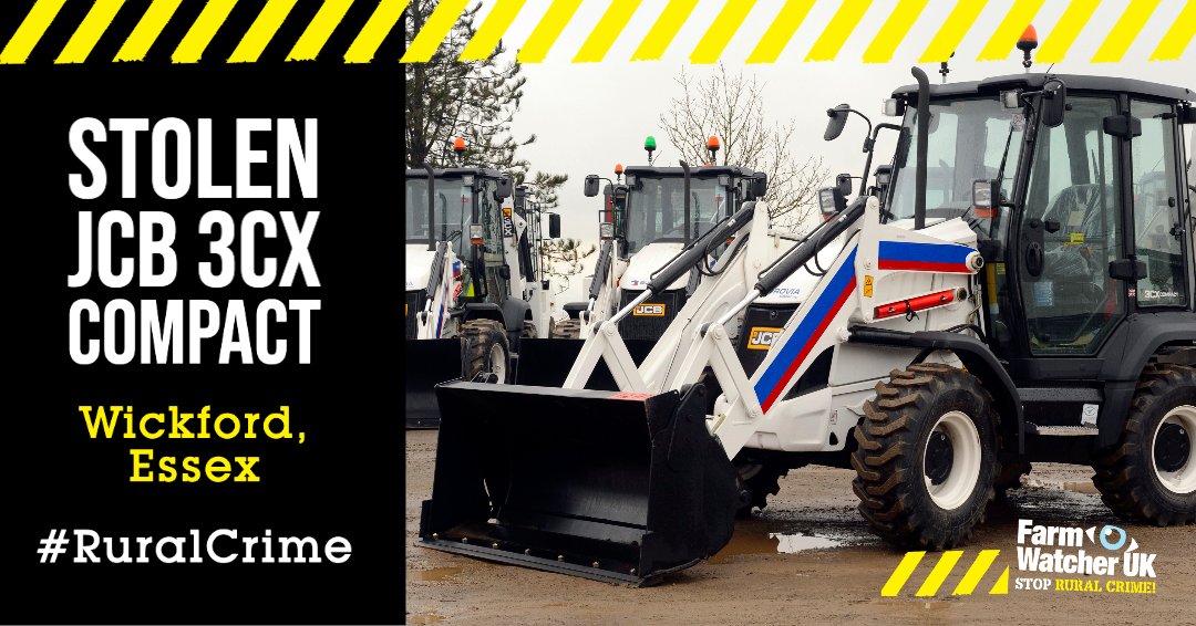 FarmWatcherUK's tweet photo. STOLEN PLANT 
On Tues 12 May 2020 at 6pm, a JCB 3CX Compact has been stolen from #Wickford, #Essex.
It was driven to the RM14 3T- postcode 
Reg is YT17 MXC 
Chassis no JCB3CX10VG2454351
The machine is white with the @Eurovia_UK  branding 
#ruralcrime @StolenPlant https://t.co/KTZlJDx5hS