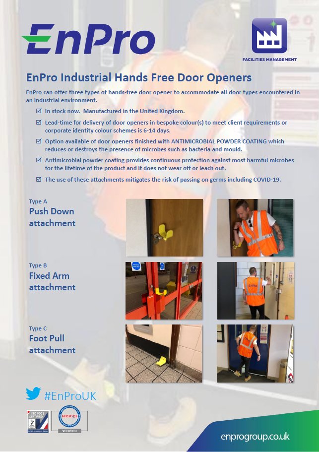 EnProGroupLtd's tweet photo. UK manufactured #TouchSafe metal door openers finished in #antimicrobial powder coating minimise the requirement to touch door handles in workplace as #UKlockdown is eased.
Three types available for all door types... watch the video!
#EnProUK can supply your business now. https://t.co/z3gUonrBxM