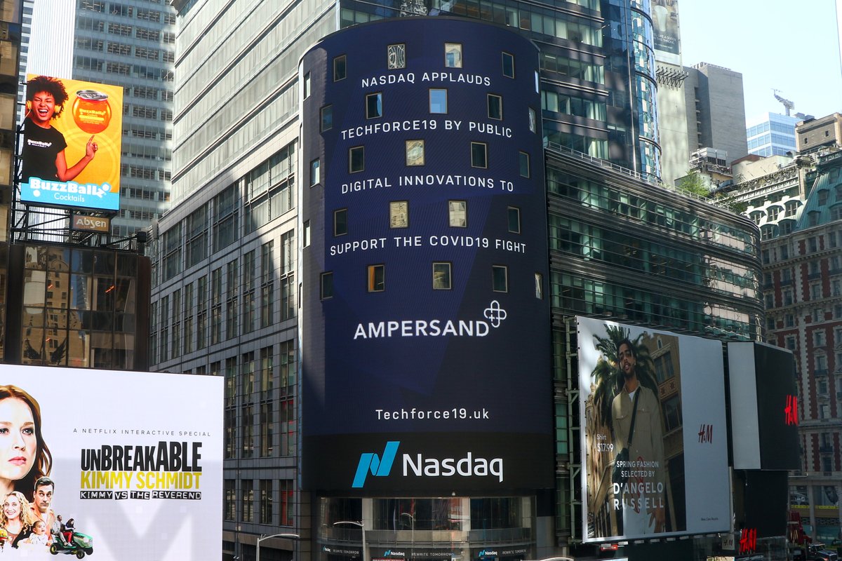What an honour to be featured on the #NasdaqTower in @TimesSquareNYC today as @Nasdaq pays tribute to the work that the #TechForce19 cohort is doing to help the vulnerable and isolated during the #COVID19outbreak. @NHSX @PUBLIC_Team @AHSNNetwork @mhclg