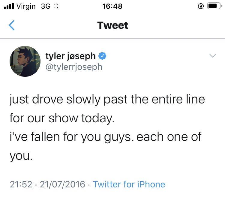 3. His relationship with fans: tyler has a perfect mix of being able to laugh and joke around with us but also be very caring and sensitive.